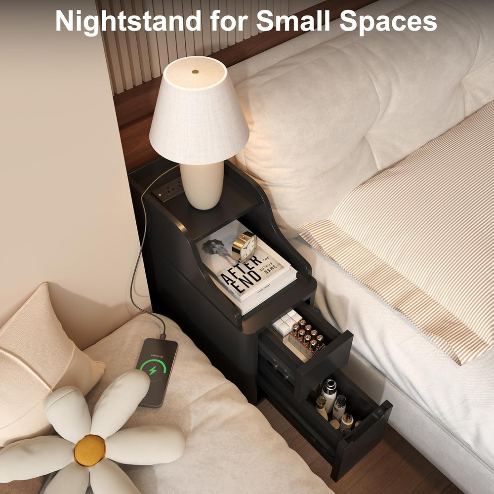 Narrow Nightstand with Drawers, Wood Night Stand with Charger Station, Narrow...