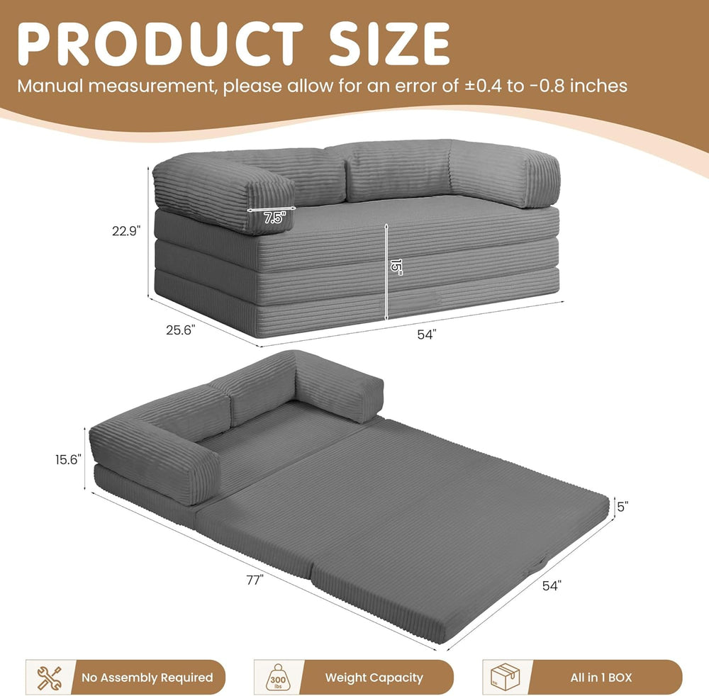Convertible Sofa Bed Full,5-in-1 Folding Boneless Couch Corduroy Futon Sofa B...