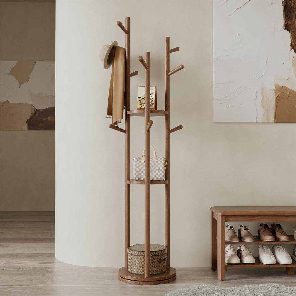 Muwuele Solid Wood Rotary Coat Rack, Freestanding Coat Rack with 3 Shelves an...