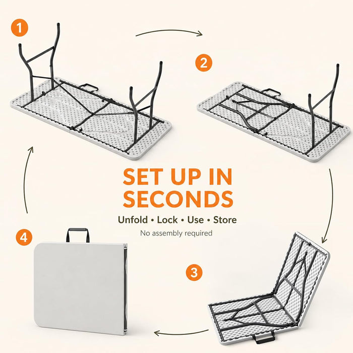 Folding Table, 5FT Portable Fold-in-Half Plastic Picnic Table, Heavy Duty Foldable Table with Carrying Handle, Ideal for Party, Camping, Craft, Dining, Wedding, Outdoor and Indoor Use, 2 Pack