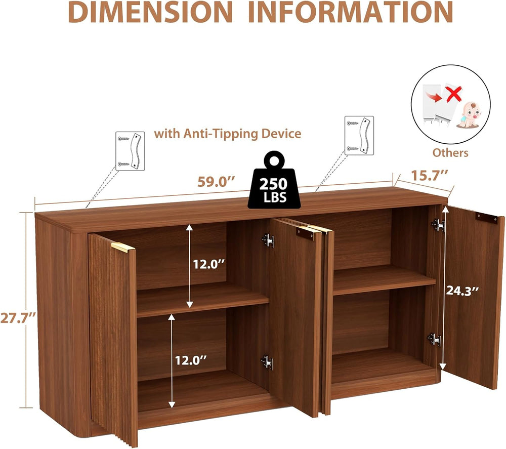 59" Walnut Fluted Sideboard Buffet Cabinet with Storage, Large Buffet Ca...