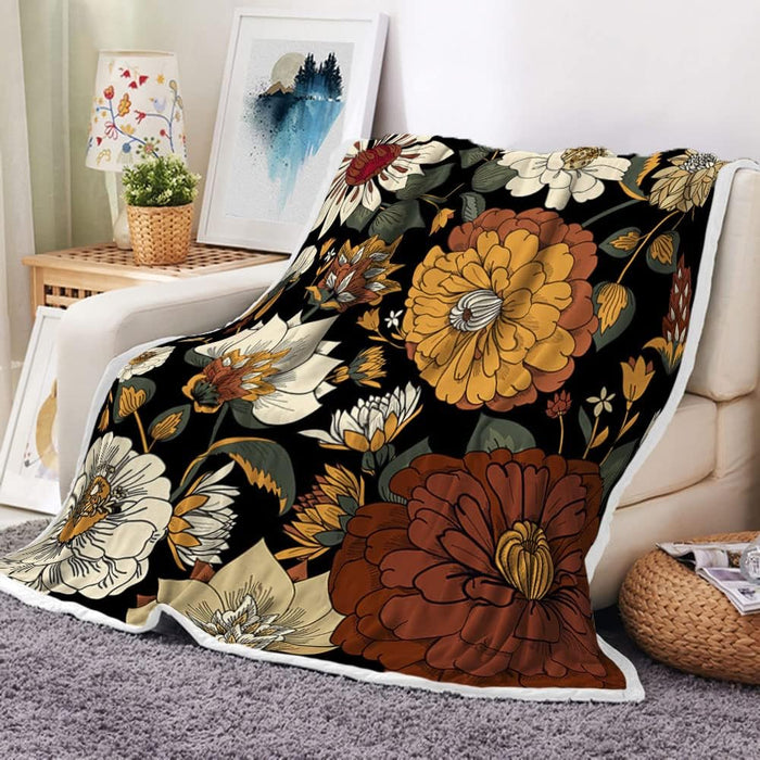 Boho Floral Botanical Throw Blankets, Mid Century Morden Plant Abstract Bohemian Flowers Tropical Leaves Cozy Warm Bed Couch Blanket, White Fleece Flannel Throws to Decorate Room and Bedroom