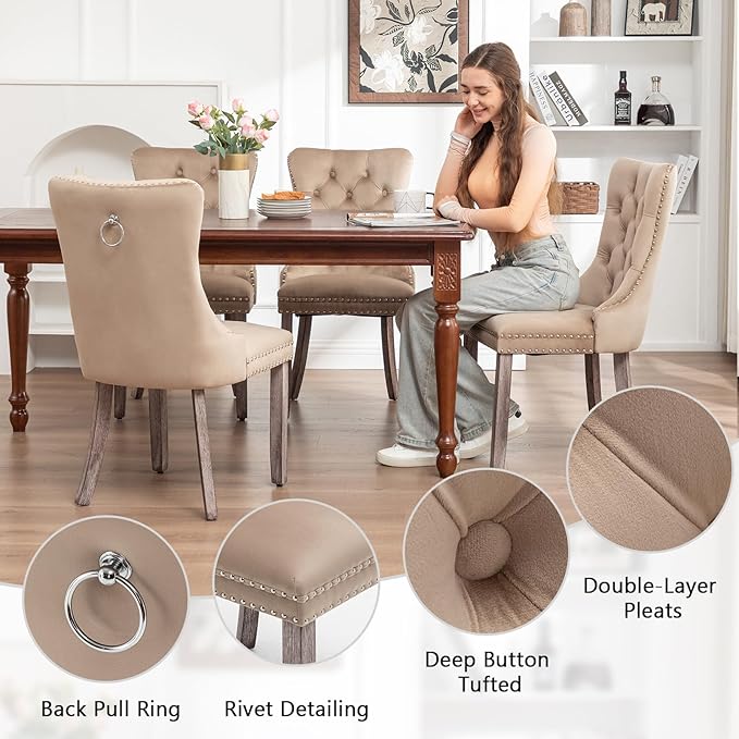 Velvet Dining Chairs Set of 4, Upholstered Dining Room Chairs with Nailhead R...