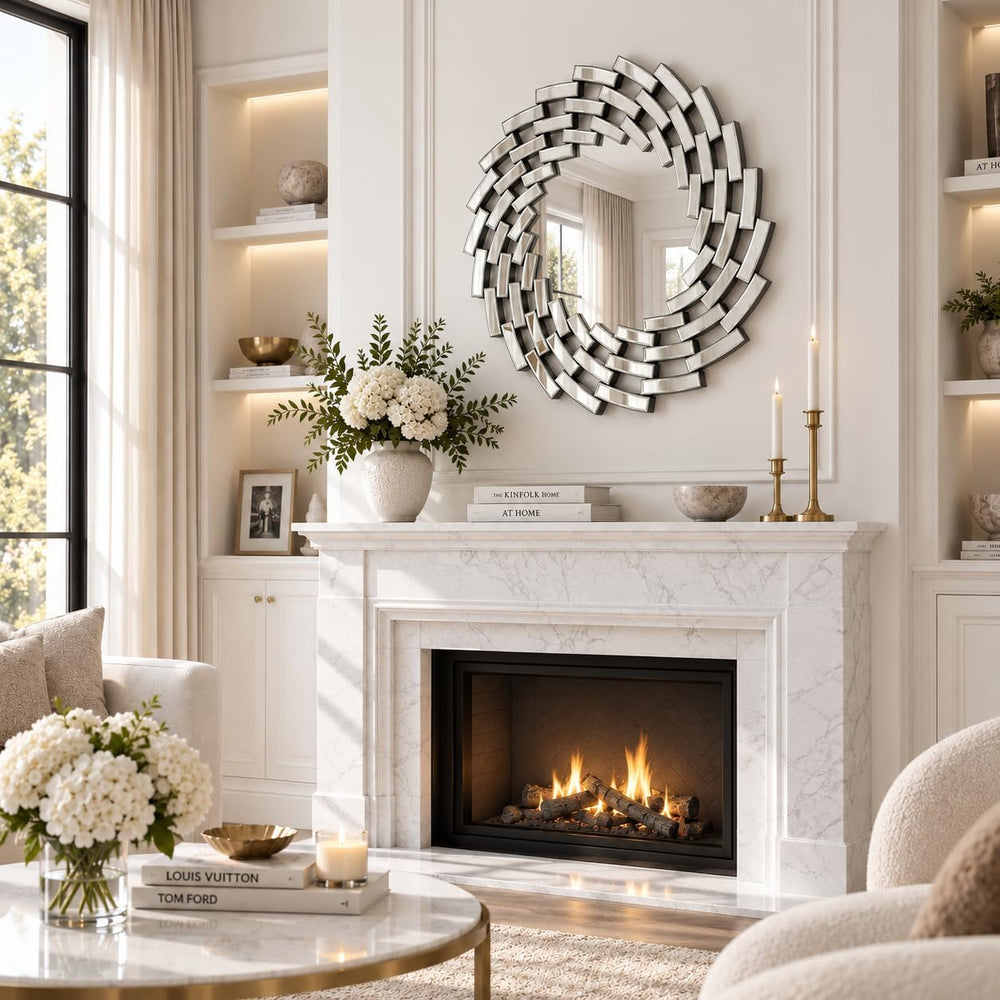 SHYFOY 32" Round Wall Mirror, Beveled Spiral Decorative Mirror