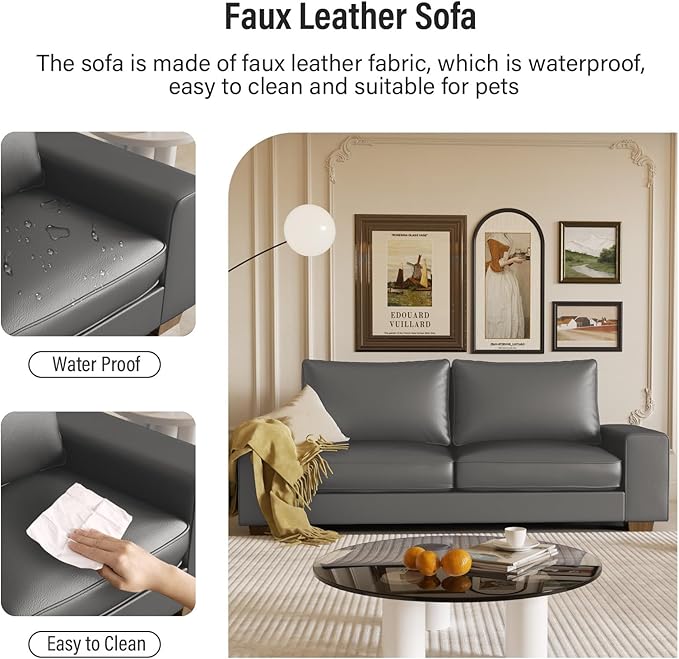 Faux Leather Couch, Mid Century Modern Comfy Loveseat Sofa with Wide Arm, Sid...