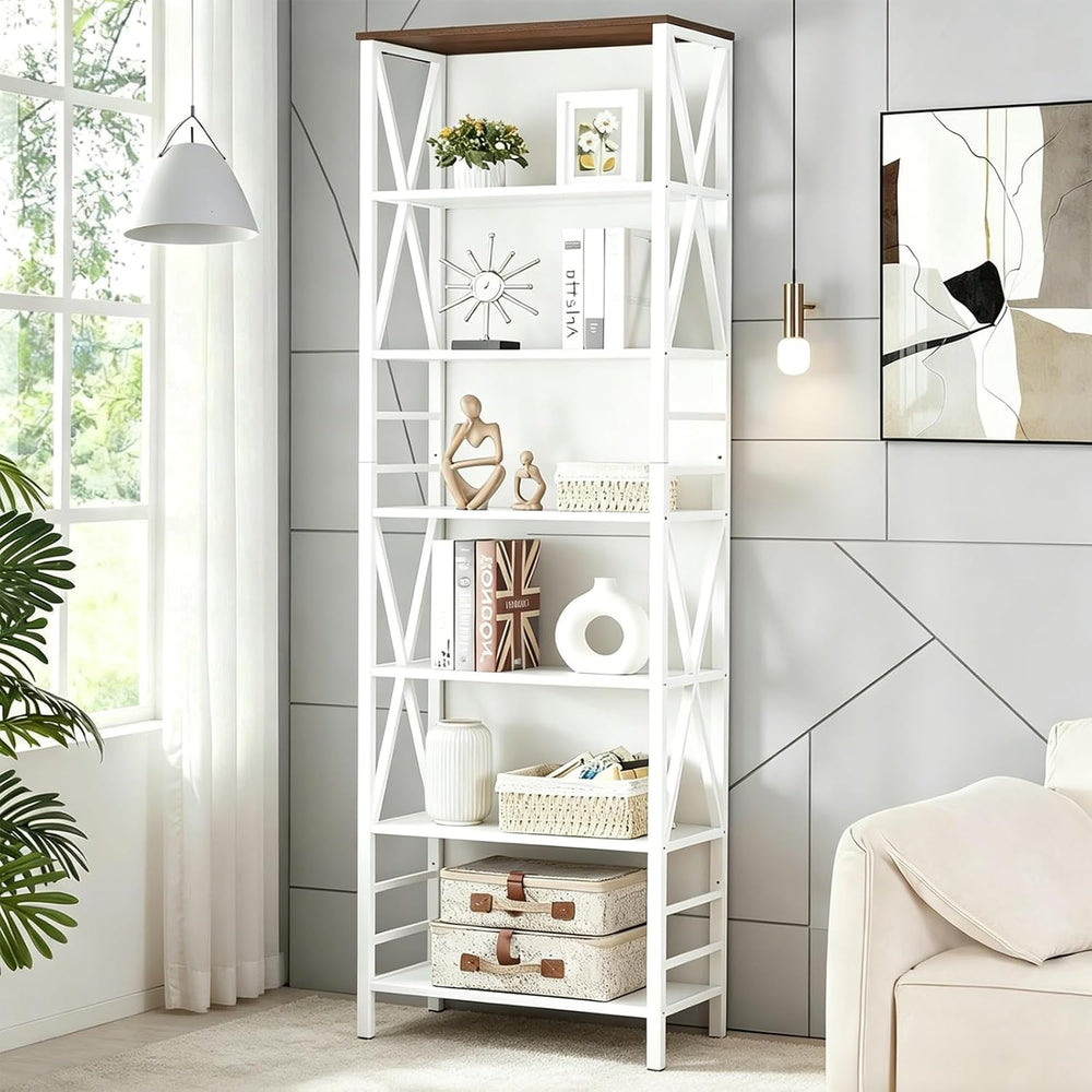 HOMISSUE Bookshelf, 7-Tier Bookshelf, Rustic Wood Metal Bookshelves and Bookc...