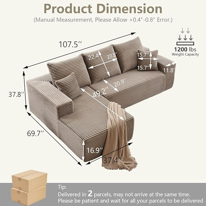 107" Cloud Sectional Couch with L-Shape Chaise, Modern Modular Comfy Sof...