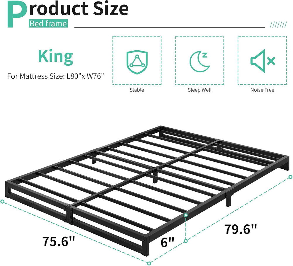 Lutown-Teen 6 Inch King Size Bed Frame with Heavy Duty Steel Slat Support