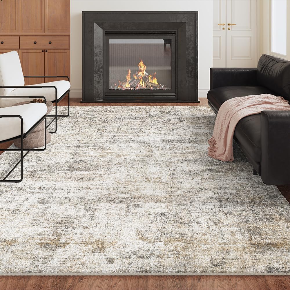 6x9 Grey Beige Washable Area Rug for Living Room, Vintage Print