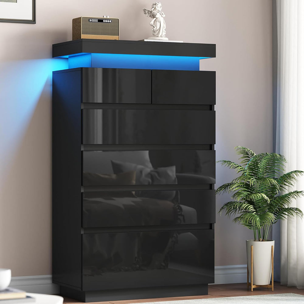 51" Tall Gloss 6 Drawer Dresser with Adjustable LED Light, Black