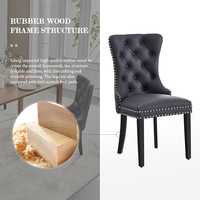 Leather Dining Chair Set of 4, Dining Room Chairs with Nailhead Ring Pull Tri...