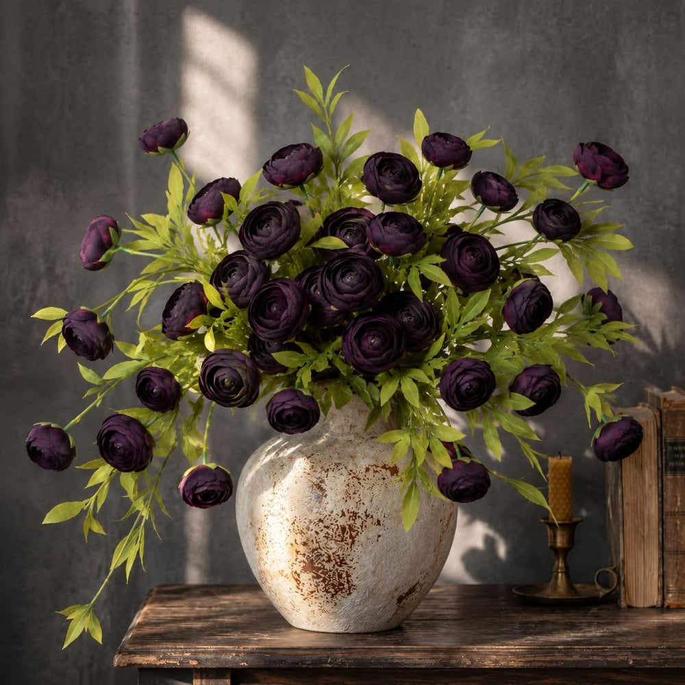 8 Pcs Artificial Silk Ranunculus Flower Long Stems, Black