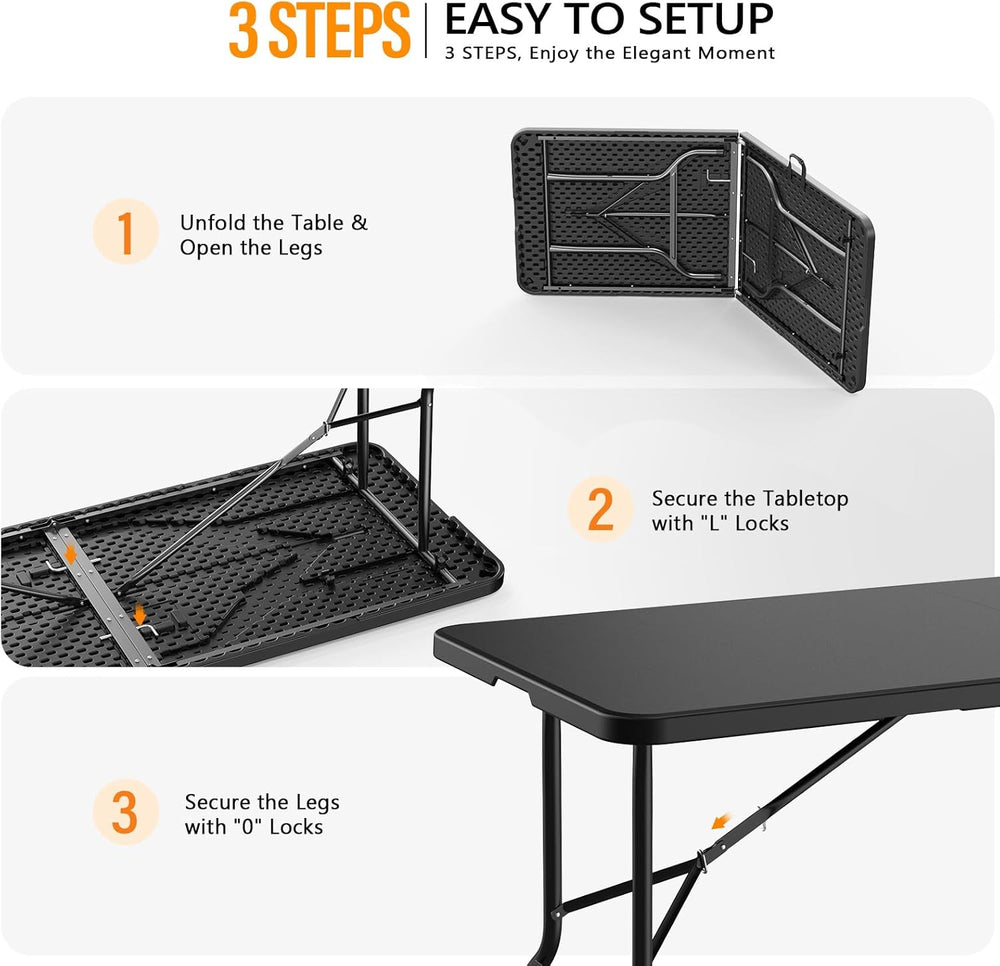 Bonnlo Folding Table 6ft, Portable Collapsible Plastic Black Long Tables for ...