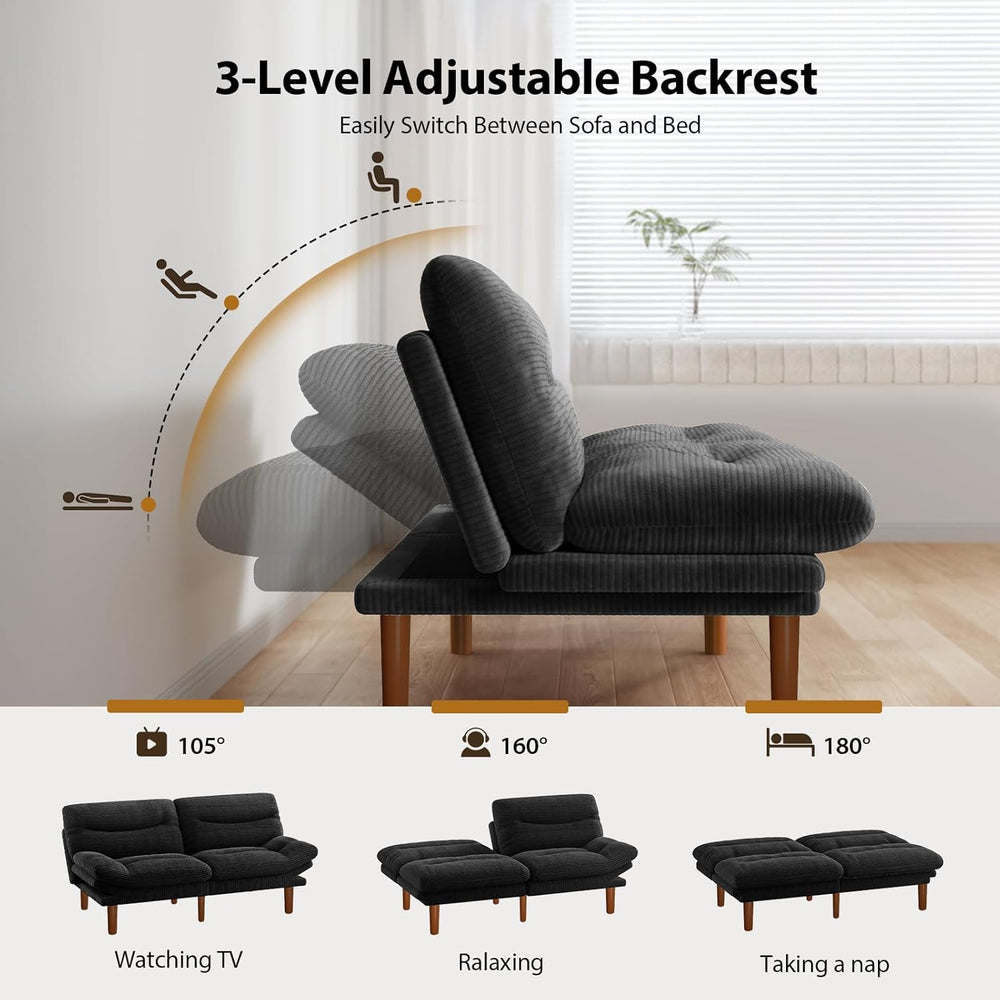Pipishell Convertible Futon Sofa Bed, Corduroy, 66 inch, Jet Black