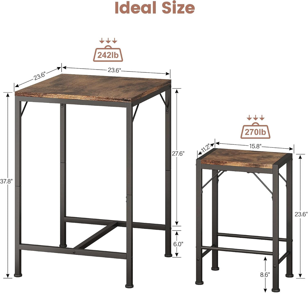 Homeiju Bar Table and Chairs Set, Square Bar Table with 2 Stools, Space-Savin...