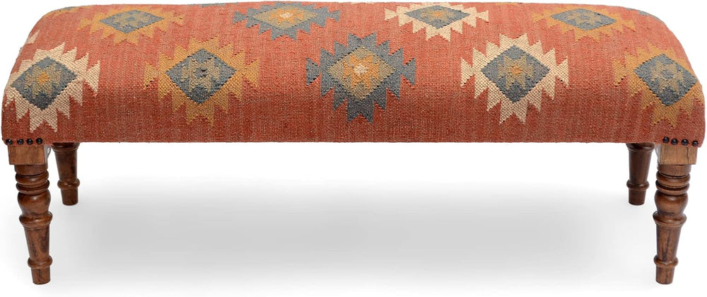 Acacia Wood Kilim Jute Fabric Upholstered Bench | Multi-Purpose Wooden Ottoma...