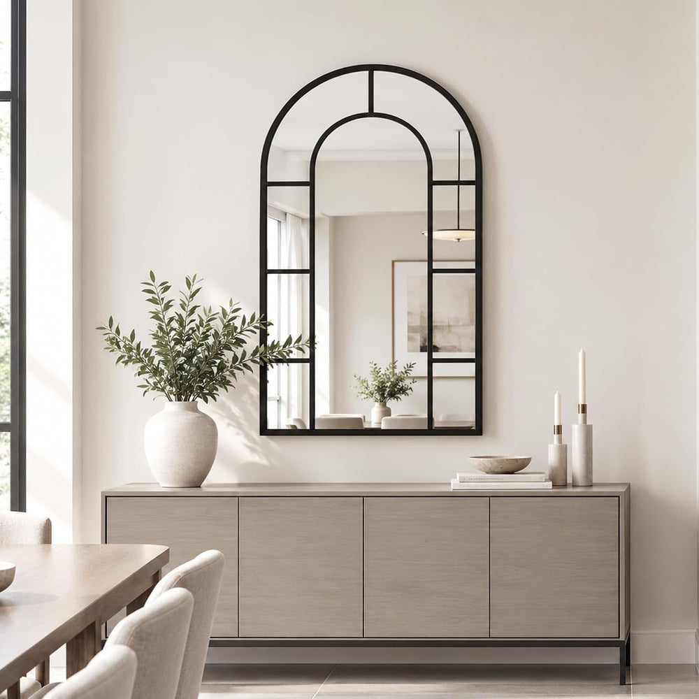 Arched Wall Mounted Mirror, 42"x30" Windowpane Bathroom Mirror