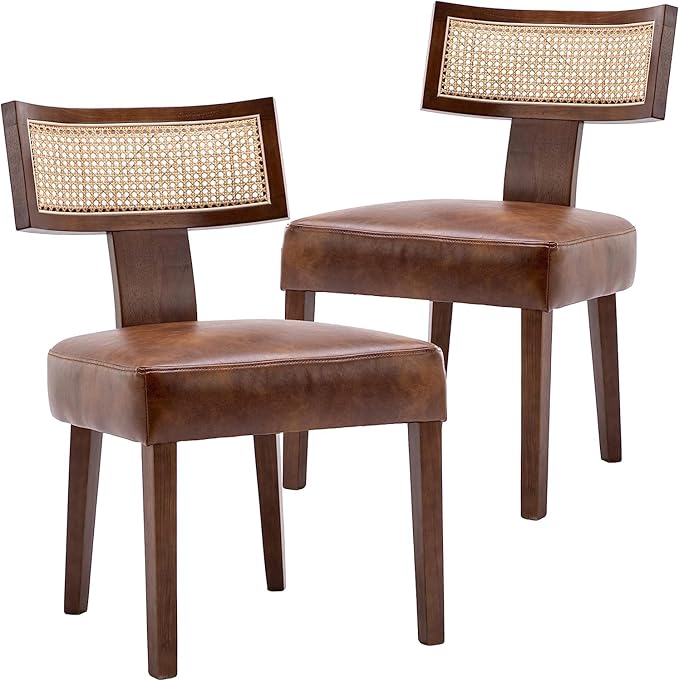 Modern Rattan Back Dining Chairs Set of 2 Rattan Kitchen Chairs PU Leather Up...