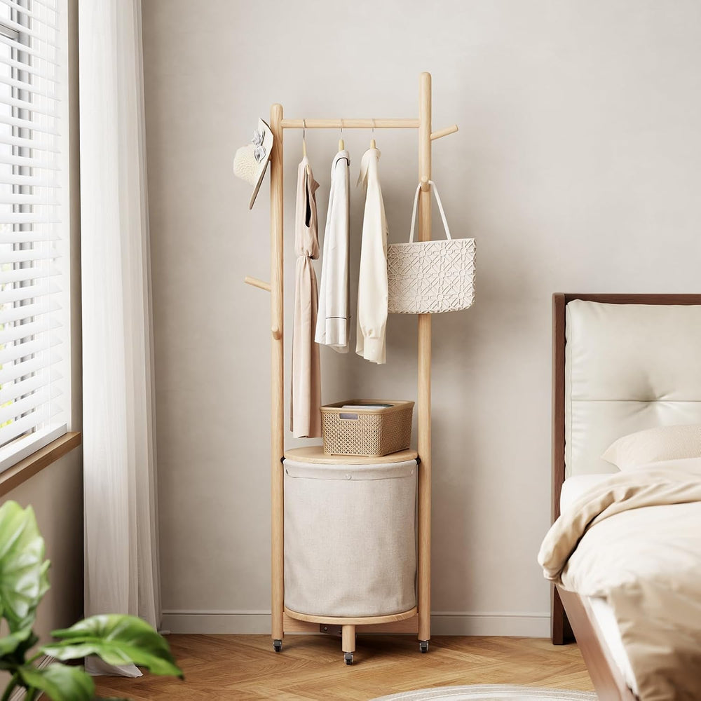 CycleCrew Solid Wood Coat Rack with Fabric Basket - Freestanding Coat Rack Ro...
