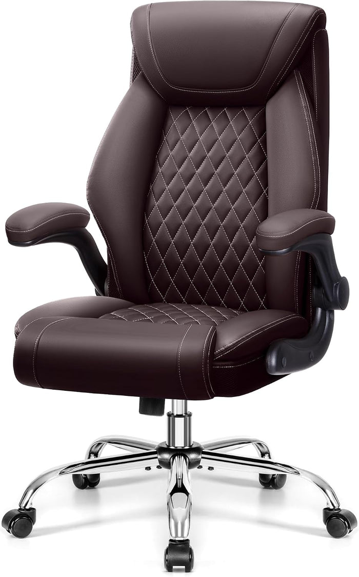 Office Chair, Ergonomic High Back Home Office Desk Chair, Big and Tall Breathable Leather Office Chair with Lumbar Support Flip-Up Armrests, Computer Gaming Chair with Rocking Function