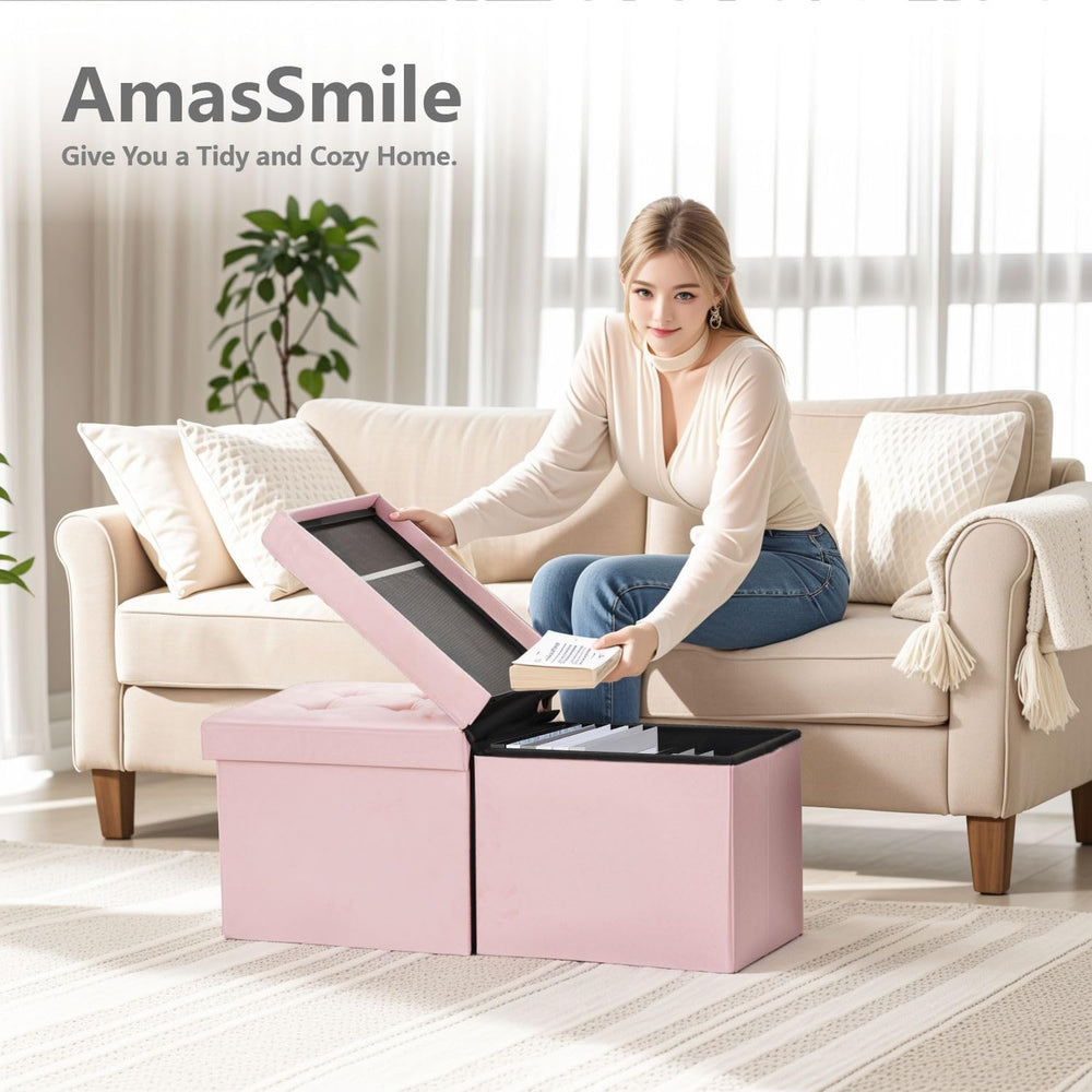 AmasSmile Footrest Ottoman Storage Bench,34" Velvet Folding Chest,Pink