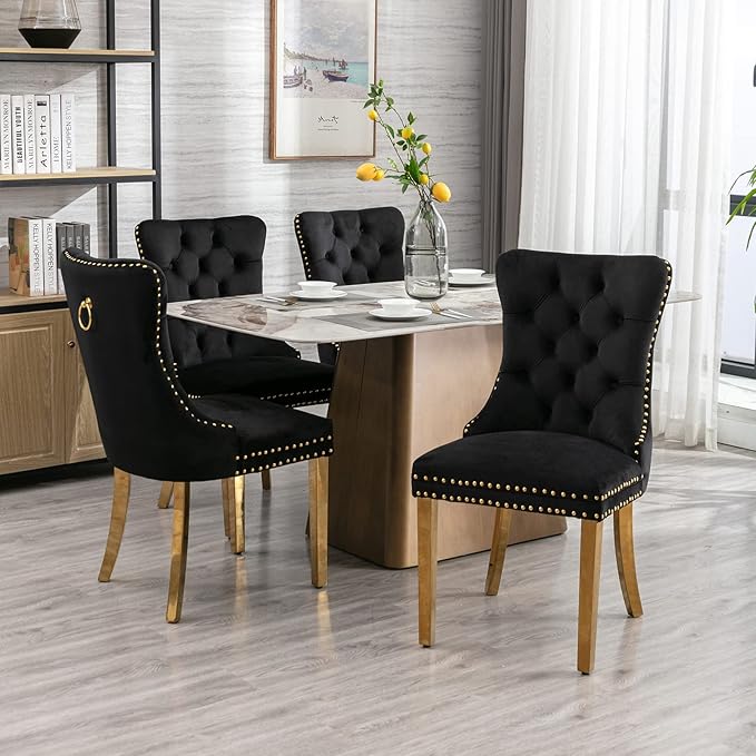 Mid Century Modern Dining Chairs Set of 4, Black Velvet Upholstered Tufted Ba...