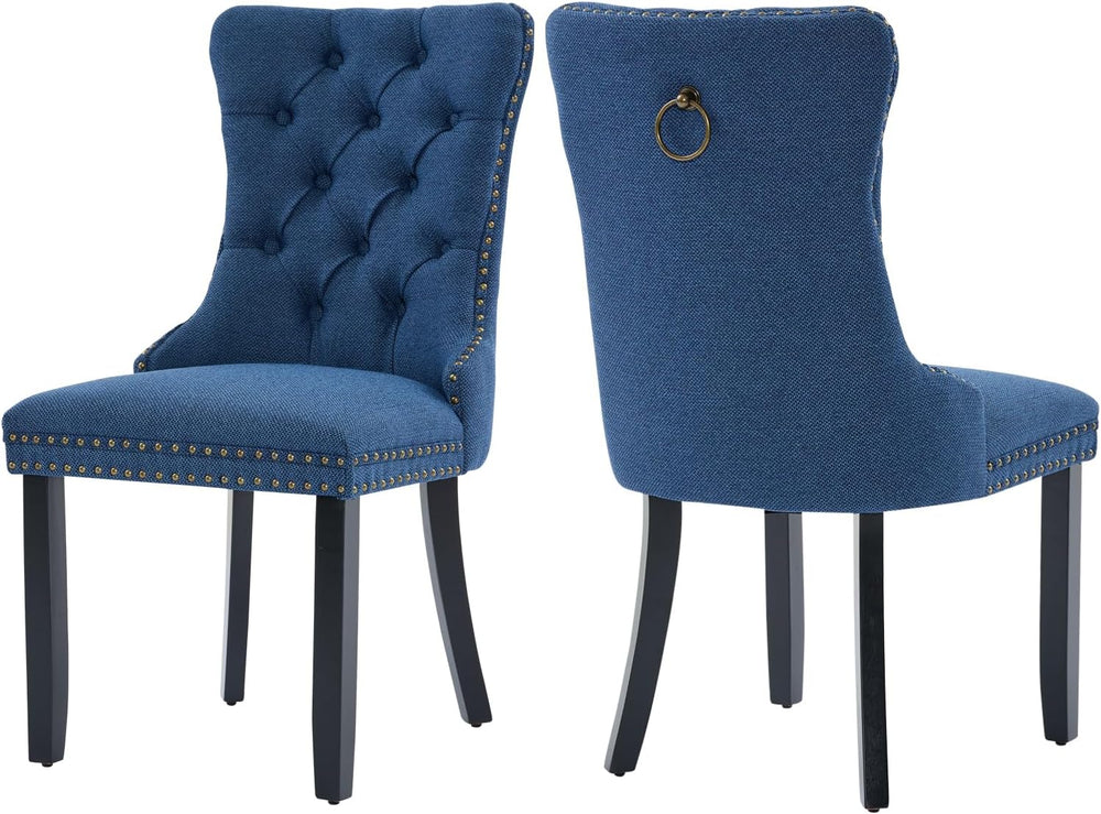 Blue Dining Chairs Set of 2, Upholstered Tufted Linen Fabric Dining Room Chai...