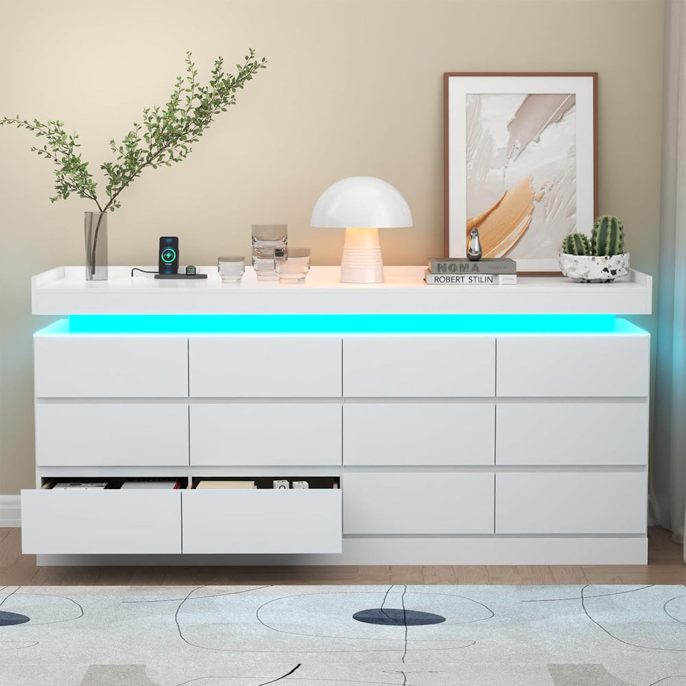 Gyfimoie 12 Drawer Dresser with Power Outlet, Modern Dresser with LED Light