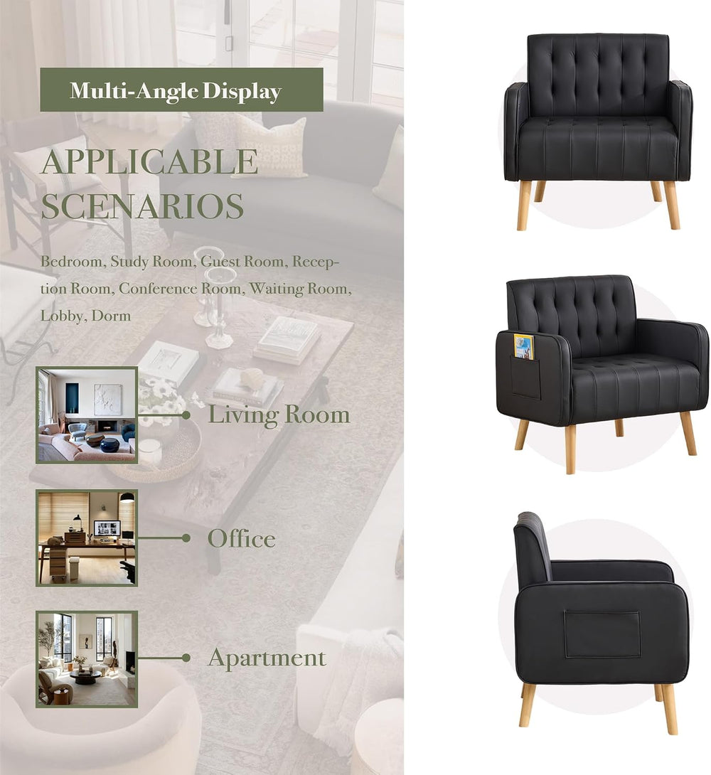 Leather Accent Chair Set of 2, Living Room Chair with Wooden Legs (Black)