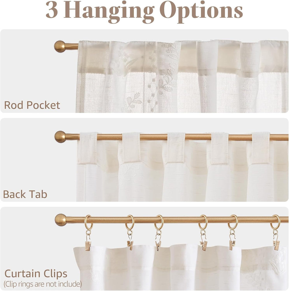 jinchan White Floral Linen Kitchen Tier Curtains 50x45 Inch 2 Panels