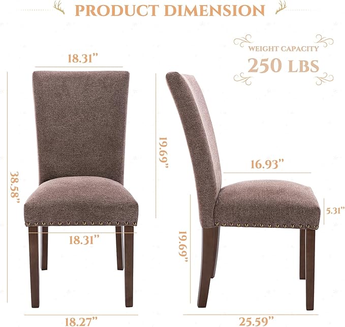 Parsons Dining Chairs Set of 2, Upholstered Nailhead Dining Room Kitchen Side...