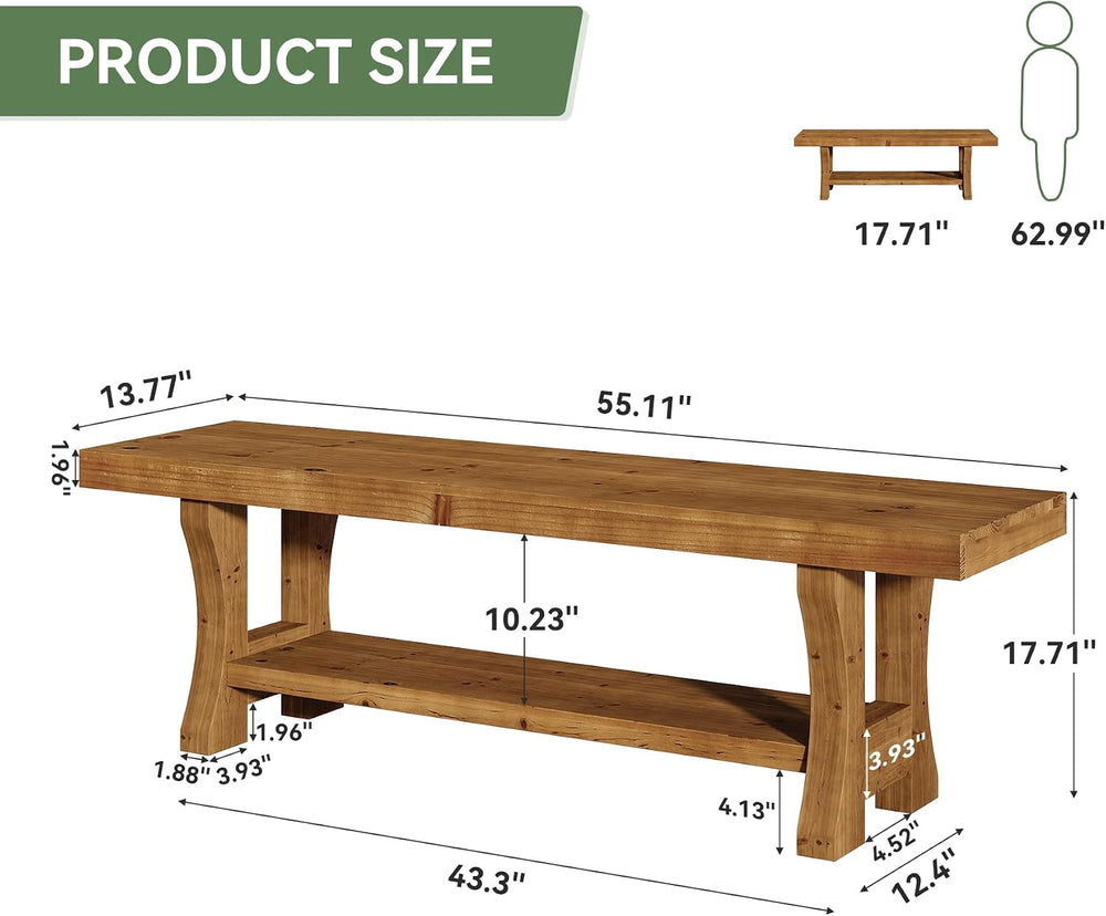 Solid Wood Entryway Bench, 55" End of Bed Bench, Long Indoor Dining Seat...