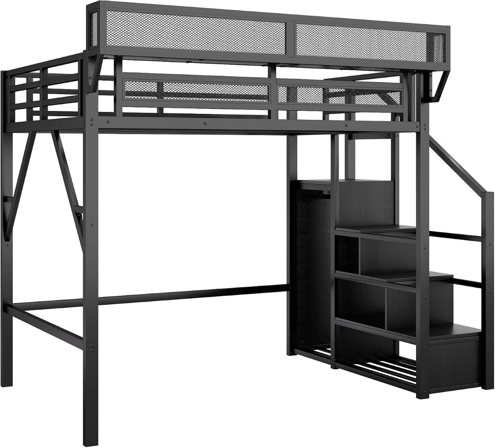 KEIKI Full Size Metal Loft Bed Frame with Convertible Staircase, Built-in Sto...