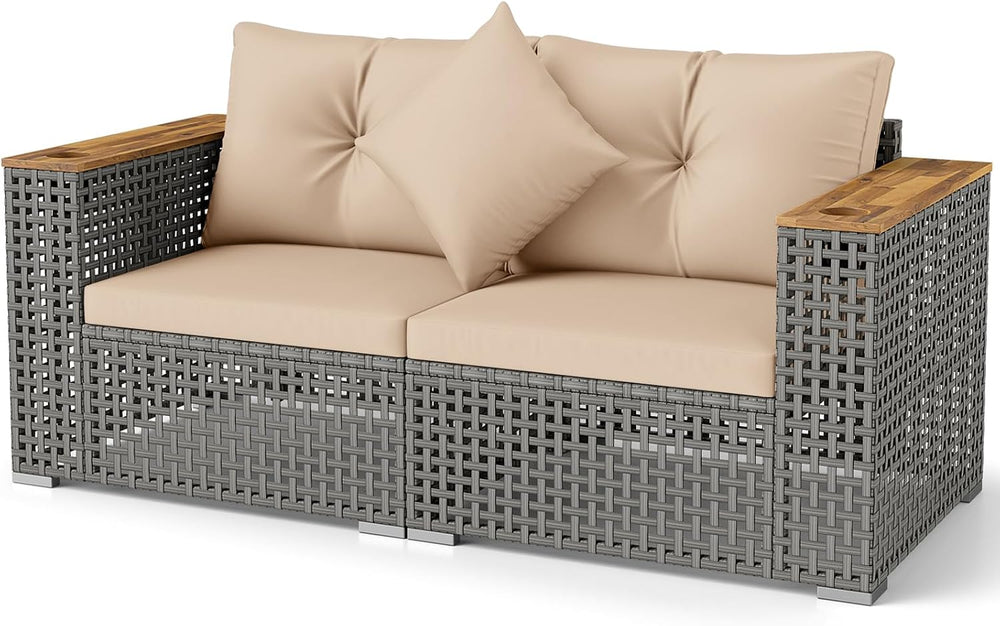Tangkula 62.5" Patio Wicker Loveseat with Acacia Wood Armrest & Cup ...