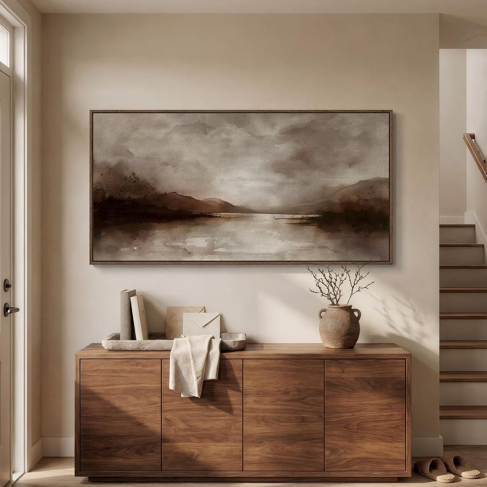 Large Framed Rustic Brown Abstract Landscape Wall Art, Horizontal 30x60 In