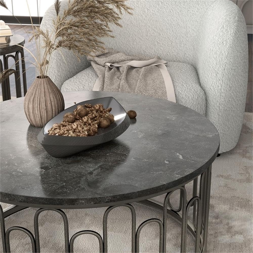 BOWERY HILL 3-Piece Marble and Metal Coffee Table Set in Black Finish, Includ...