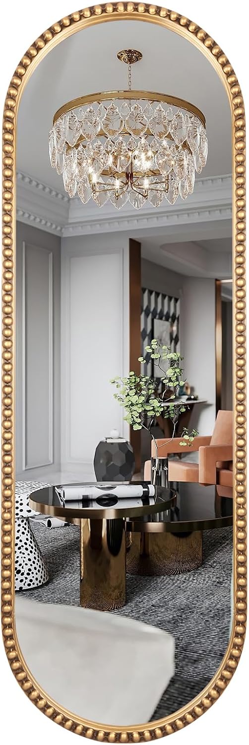 Oval Full Length Mirror, 16"x47" Metal Beaded Frame Large Hanging D...