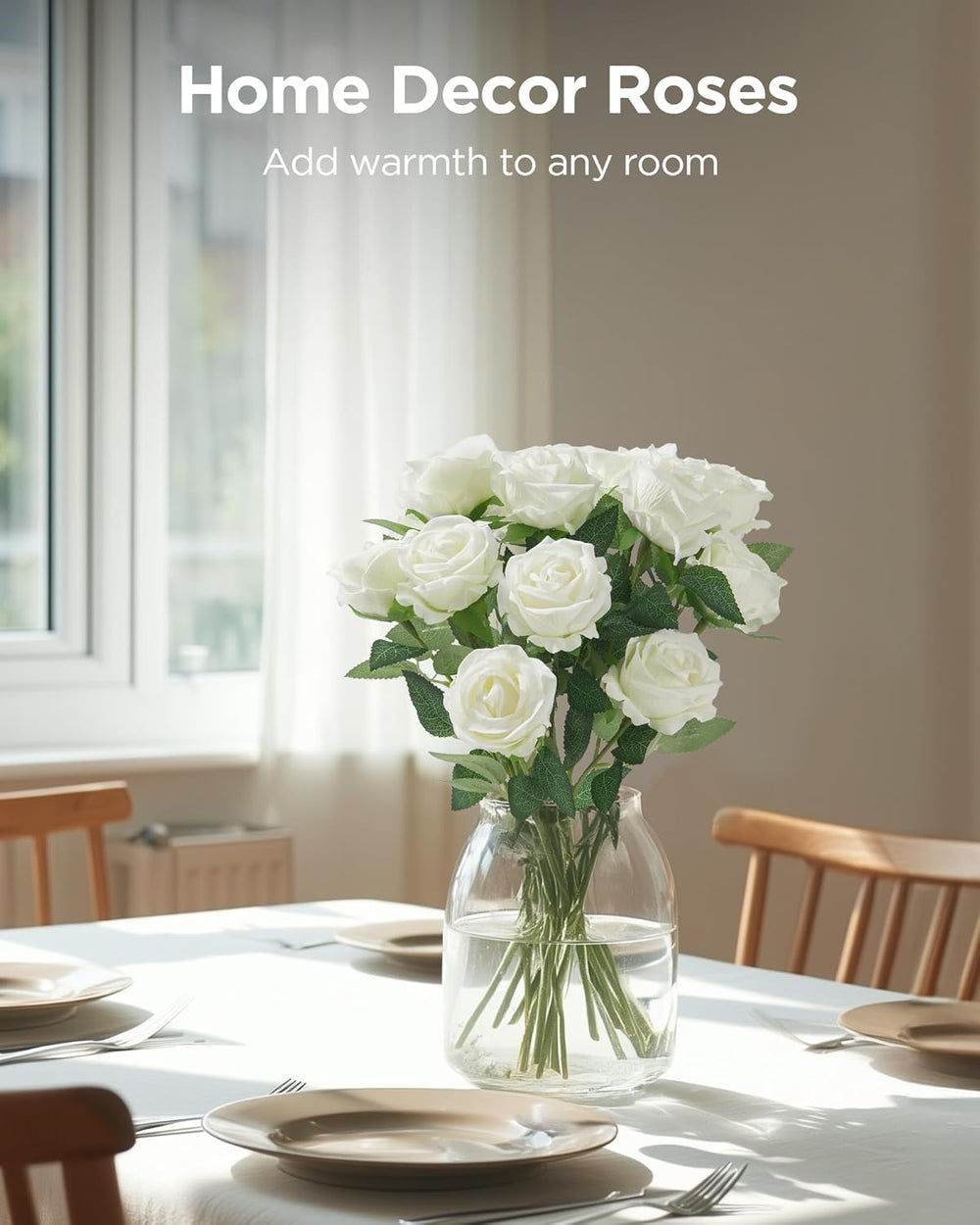 InnoGear White Roses Artificial Flowers 50 Pcs Fake Velvet Silk Rose Floral