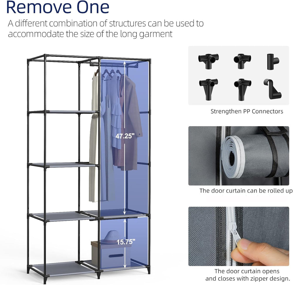 Gray Cover Portable Closet with 6 Shelves & 2 Hanging Rods