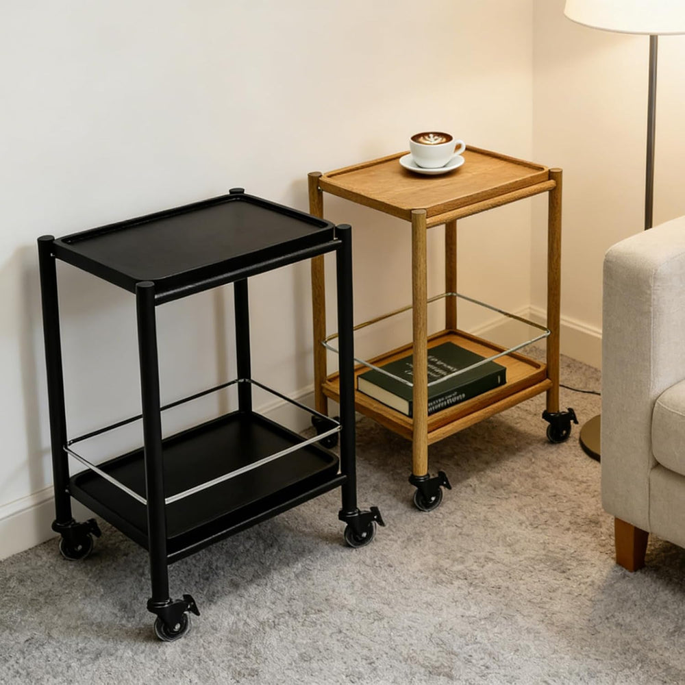 Acacia Wood Rolling Side Table, 2-Tier with Lockable Wheels & Removable T...