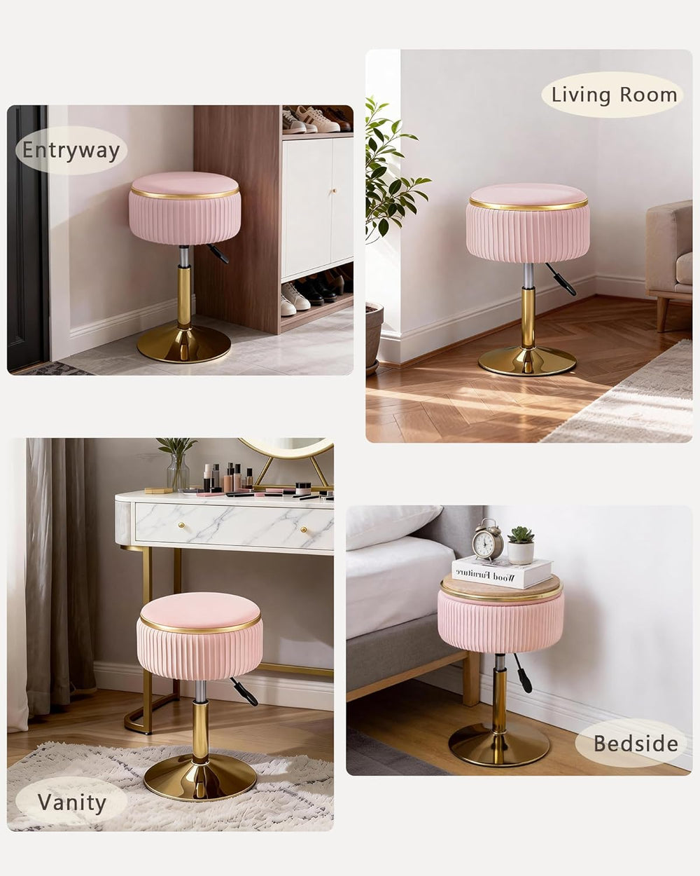 LITZFUR Adjustable Vanity Stool with Storage, 360° Swivel Gold Chair, Velvet ...