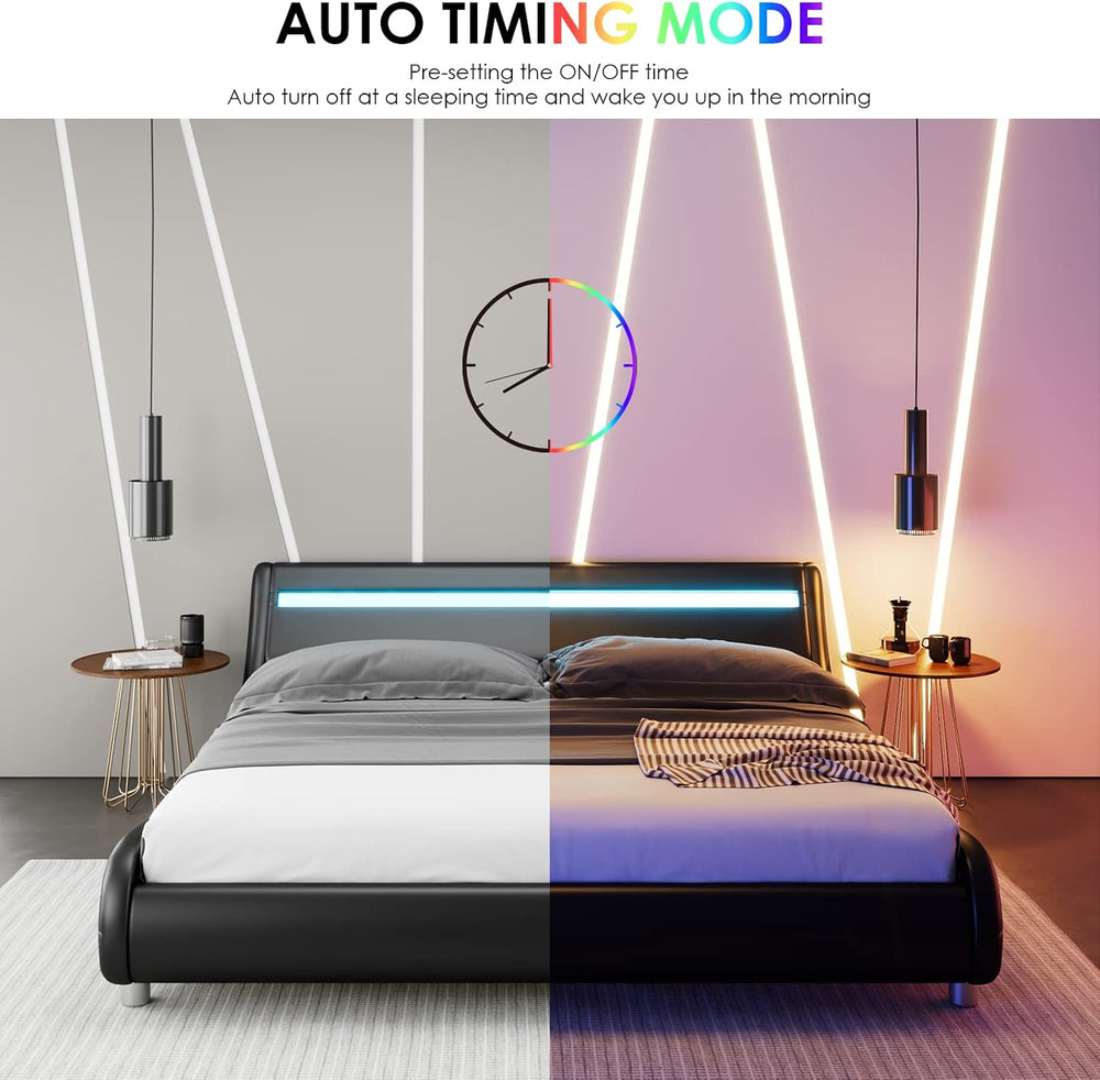 Keyluv Upholstered Full LED Bed Frame with Headboard, Modern Low Profile Plat...
