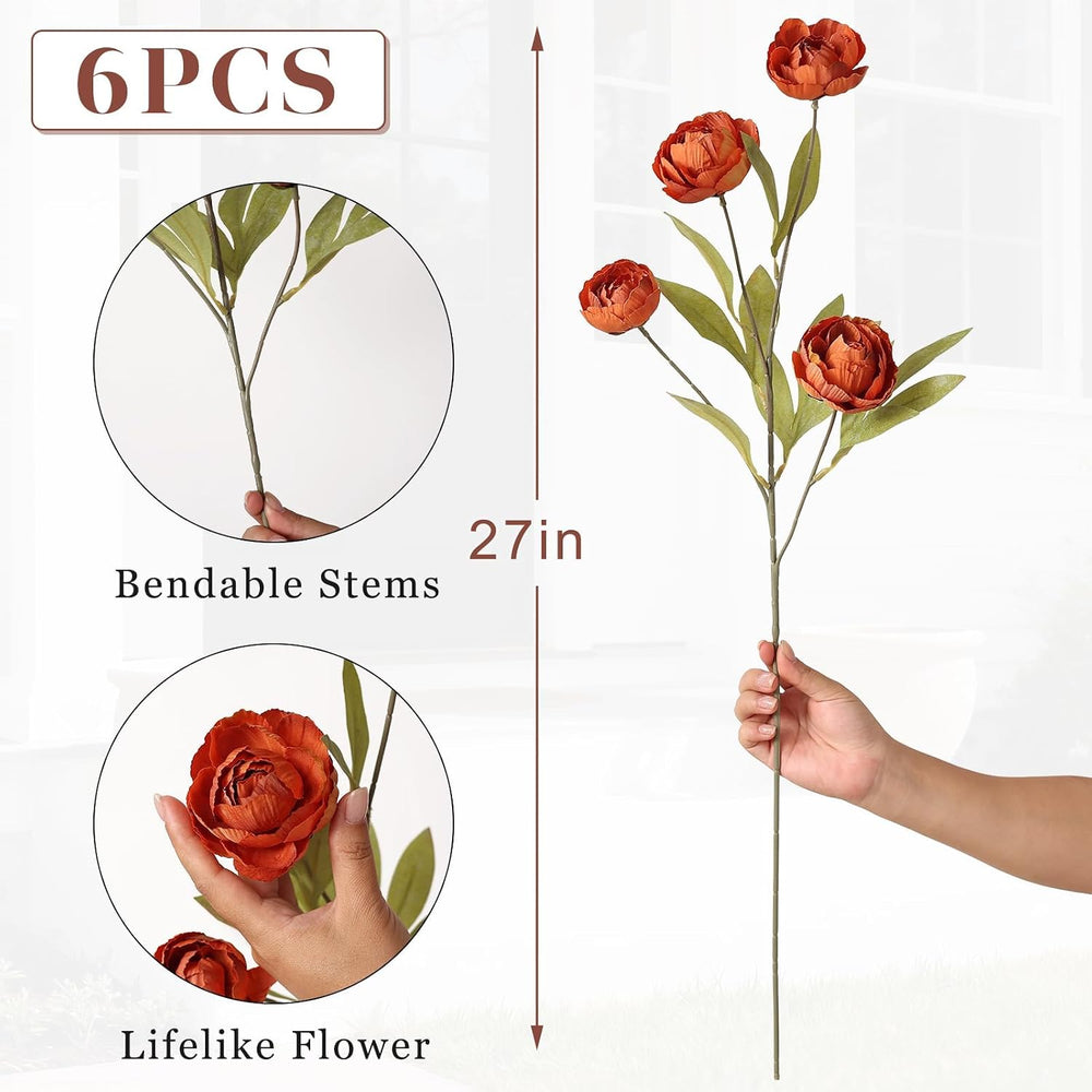 6 Pcs 27" Artificial Fall Peony Silk Flower Stems for Vase Decor(Orange)