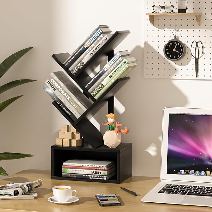 Small Tree Book Shelf,5 Tier Black Tree Bookshelf,Black Desktop Bookcase,Mode...