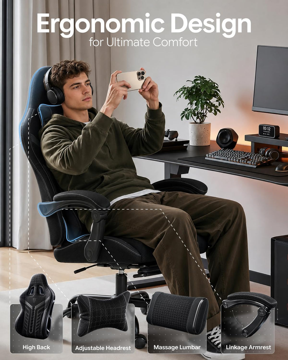 Ergonomic Gaming Chair with Footrest for Adults, Leather Mesh