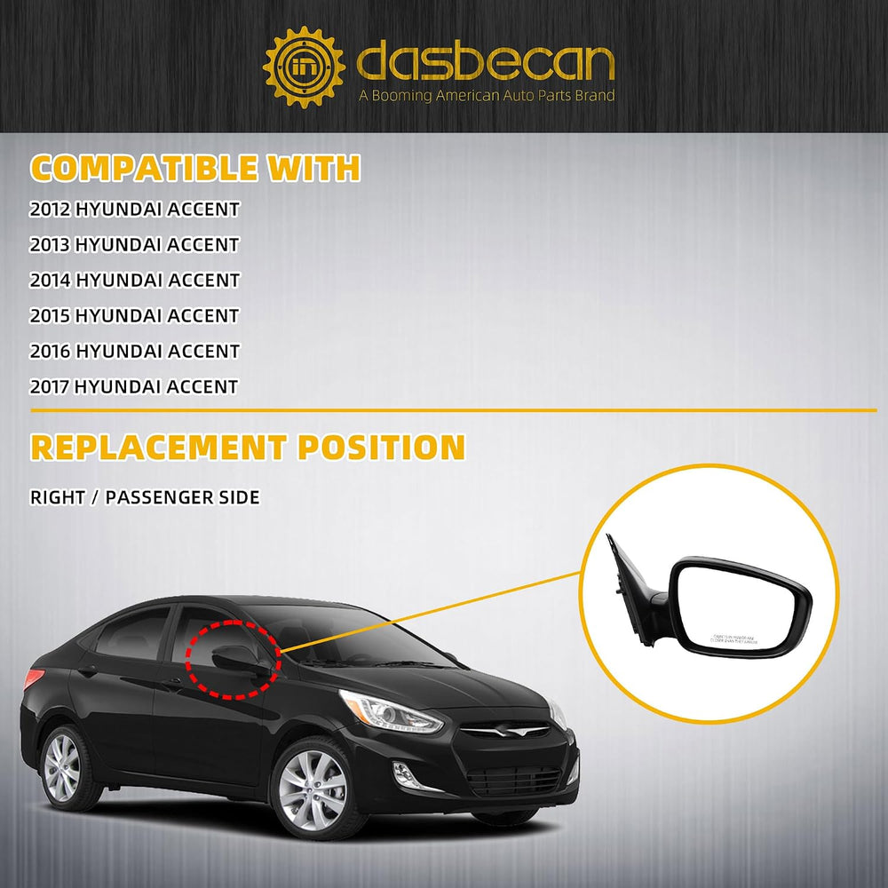 Dasbecan Right Side Mirror Compatible with 12-17 Hyundai Accent Black 3 pin