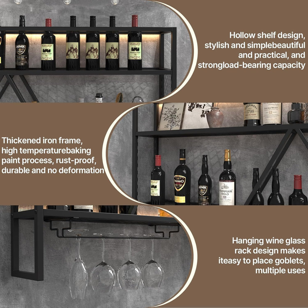 47" Wall Bar Shelves with LED, Wall Mounted Liquor Shelf & Glass Holder