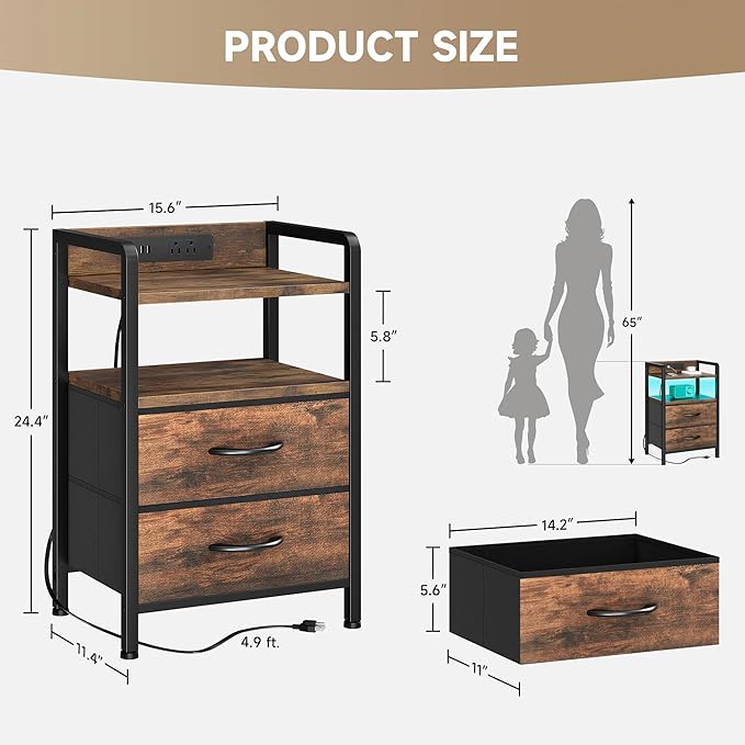 Night Stand Bedside Table Bedroom - Nightstand with Charging Station, Night S...