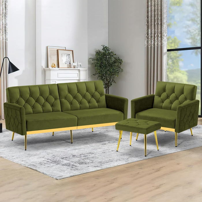 Velvet Sofa Set w/Adjustable Armrests & Backrests, Olive Green