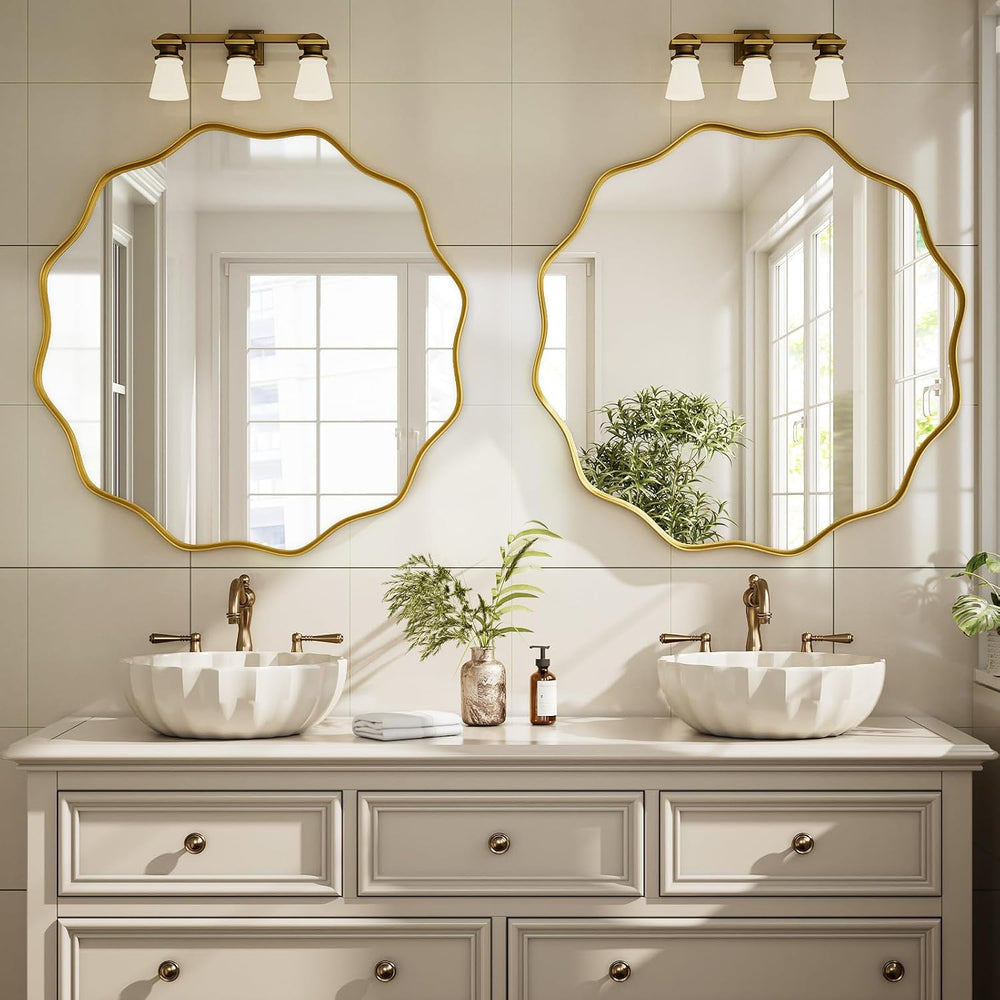 Gold Scalloped Circle Mirror, 24" Wavy Edge Round Wall Mirror